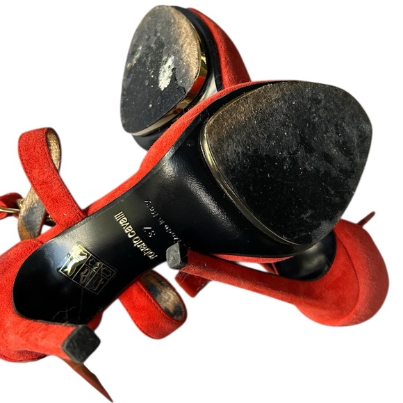 Roberto Cavalli Red/Orange Suede Stiletto Heels Gold Snake Head Italy Size 7 - Picture 7 of 11